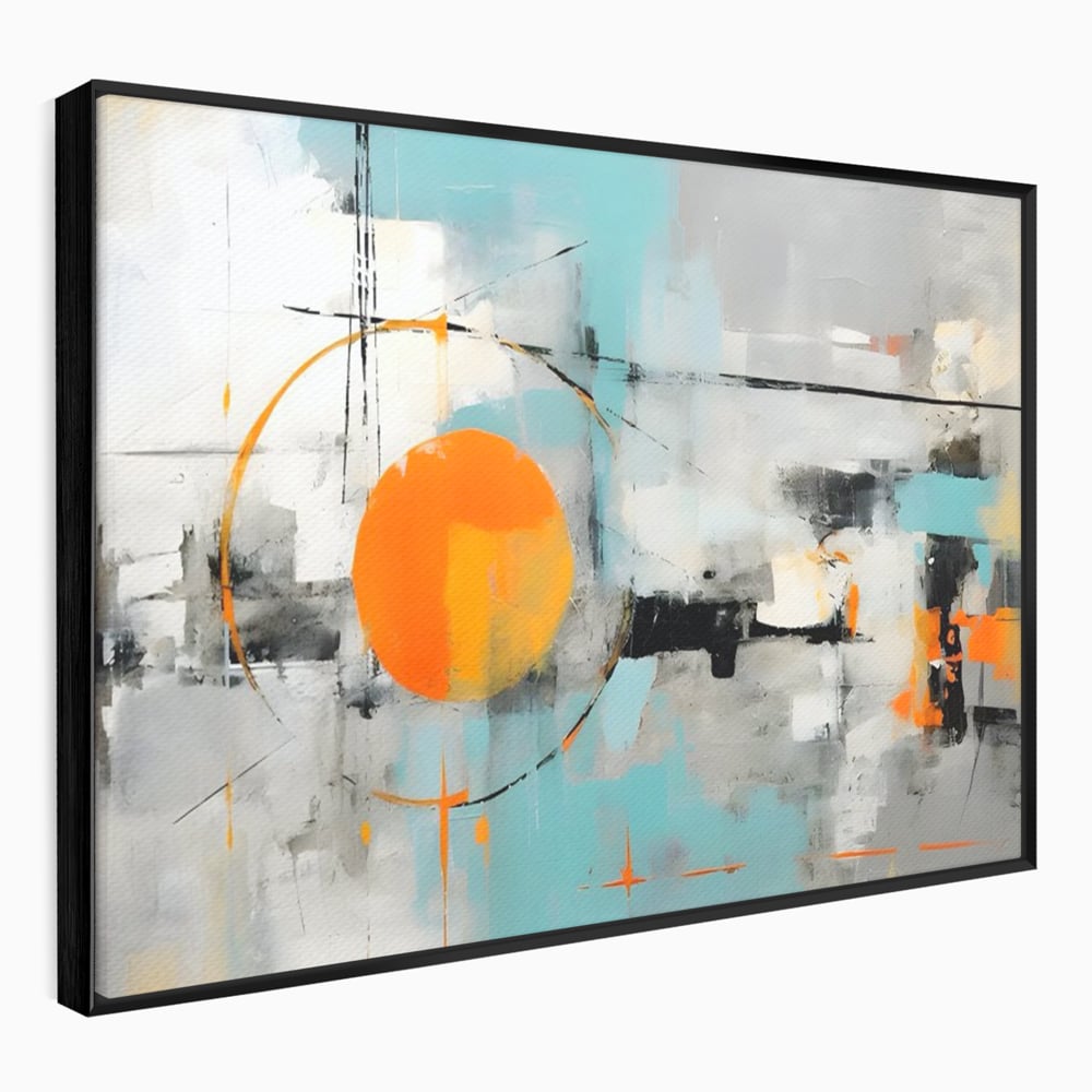 Tablou canvas cu pictura abstracta cu cerc portocaliu, in rama de aluminiu negru